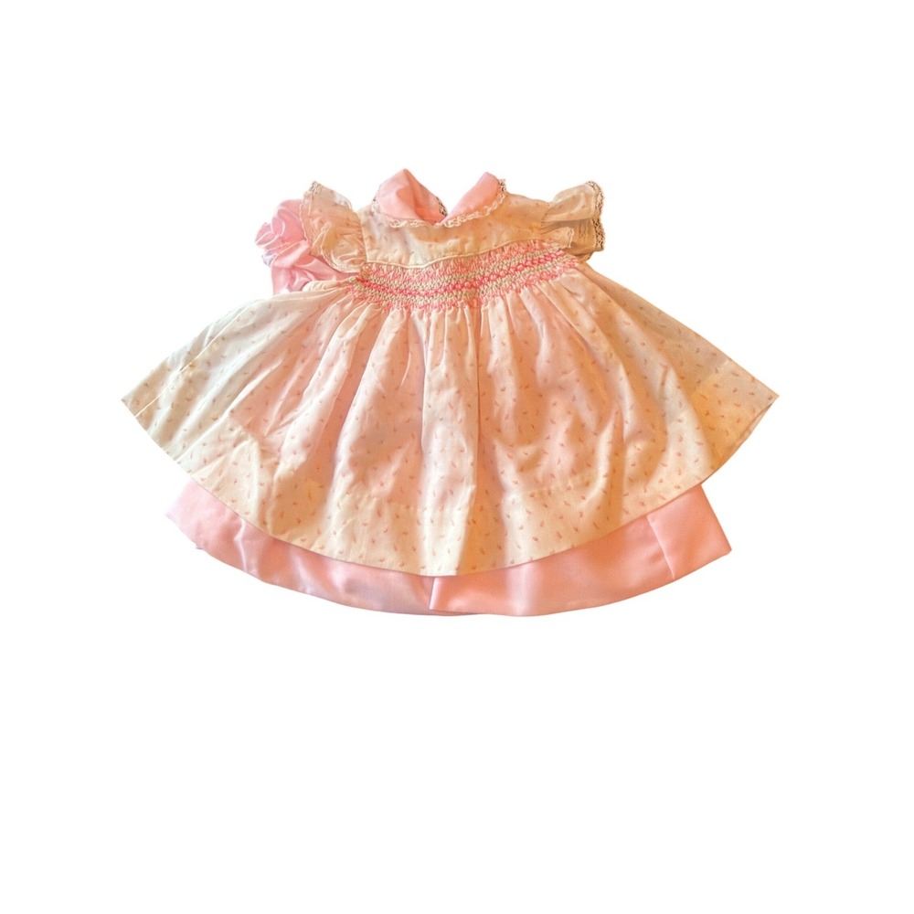 Vintage Pink Smocked Floral Baby Girl Dress 6-9 Mo Lace Trim Peter Pan Collar‎